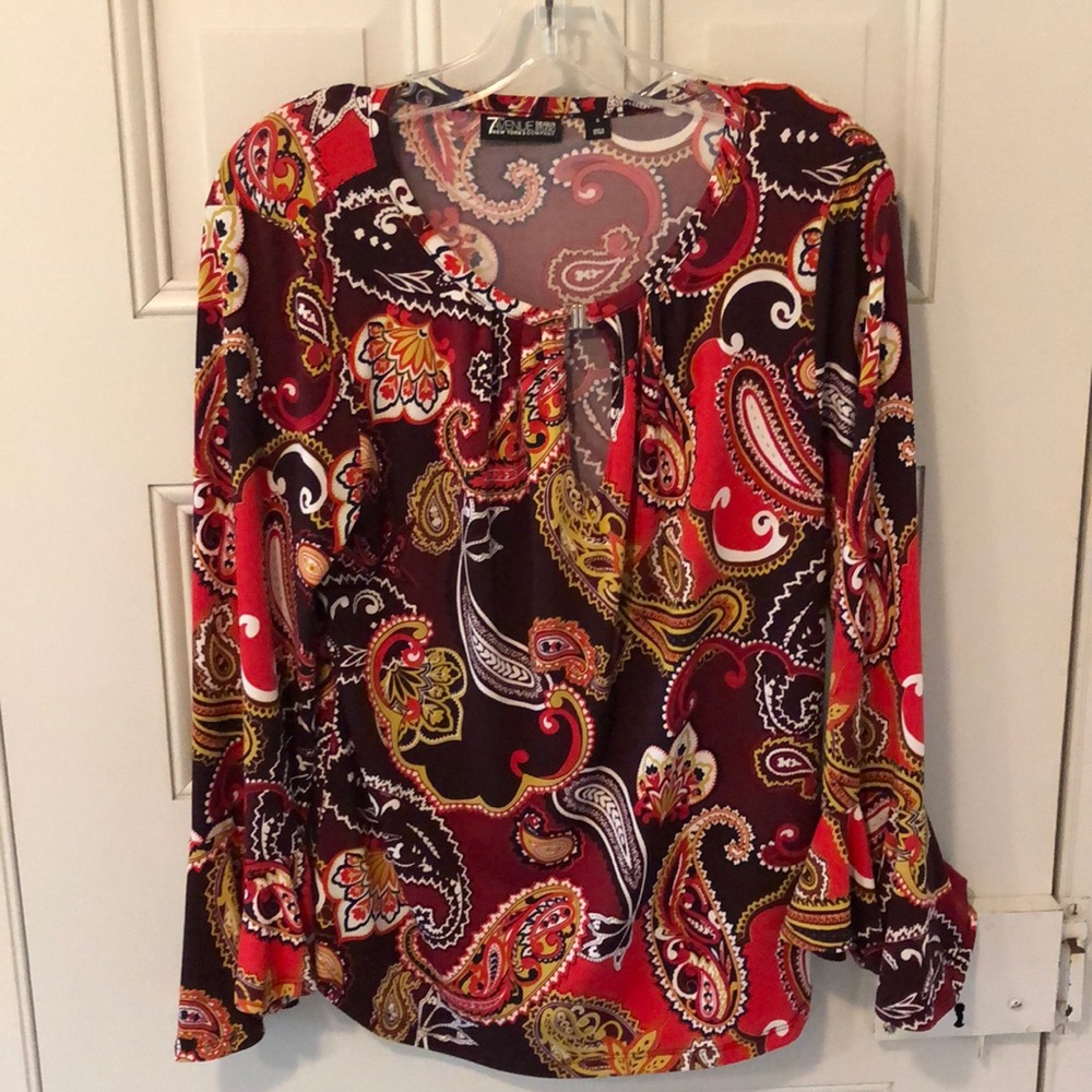 Red & Burgundy Paisley Print Top, Ruffle Sleeves